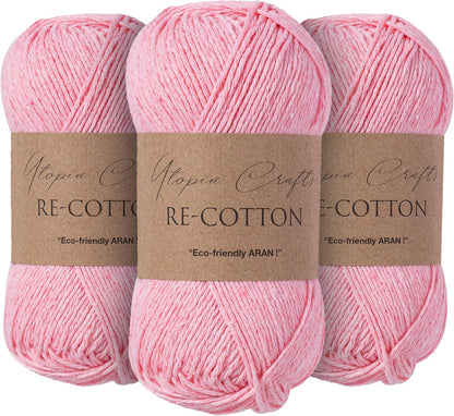 Re-Cotton Knitting Yarn 3X 100g / 3.52oz (Light Pink, 3 Pack)