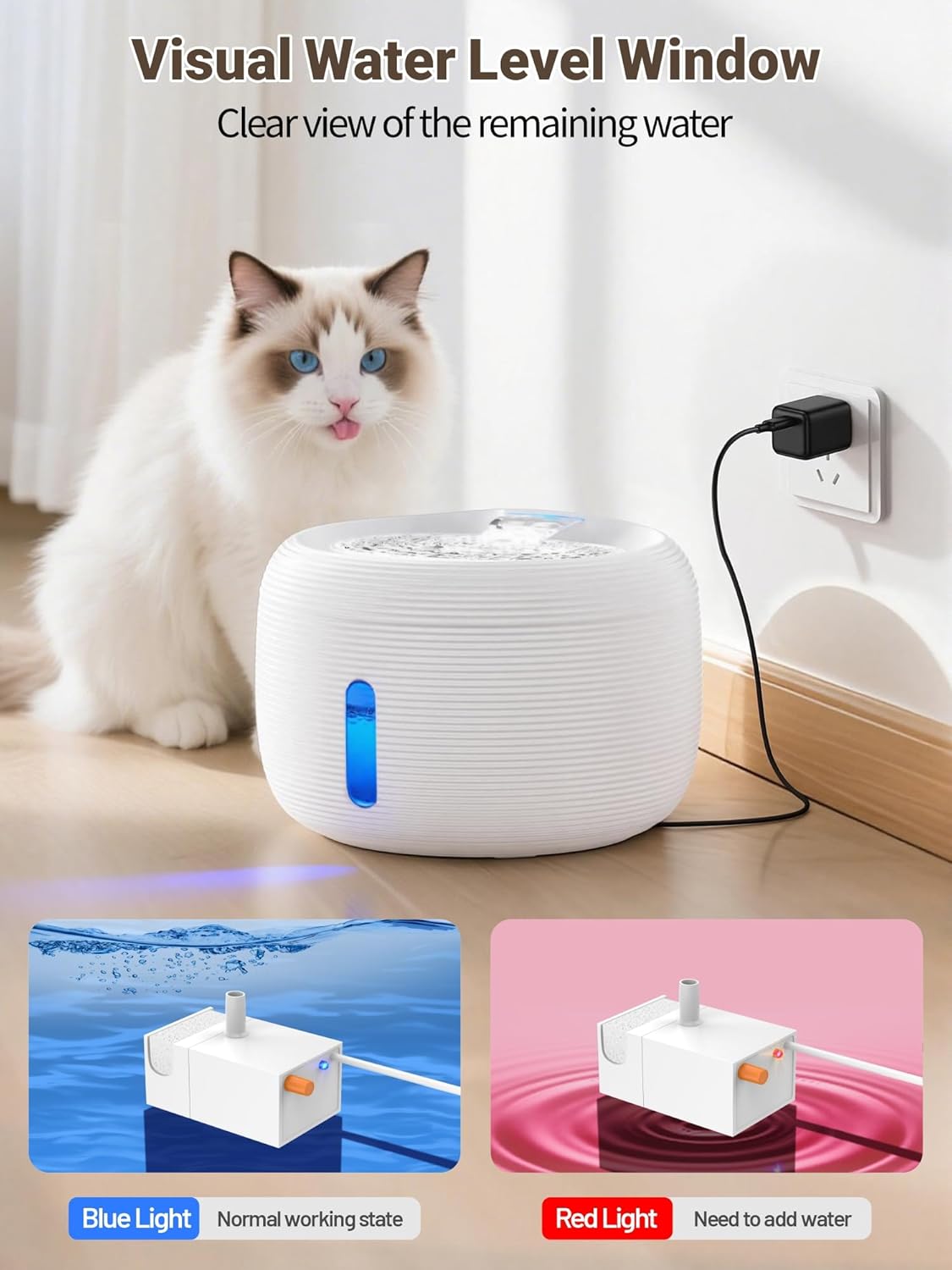 SIBAYS 3.5L Cat Water Fountain, 118oz Large Capacity Pet Water Fountain for Cats Indoor, Automatic Quiet Cat Fountains for Drinking, Dog Water Bowl Dispenser with Visible Window& LED Light(FS77,White)