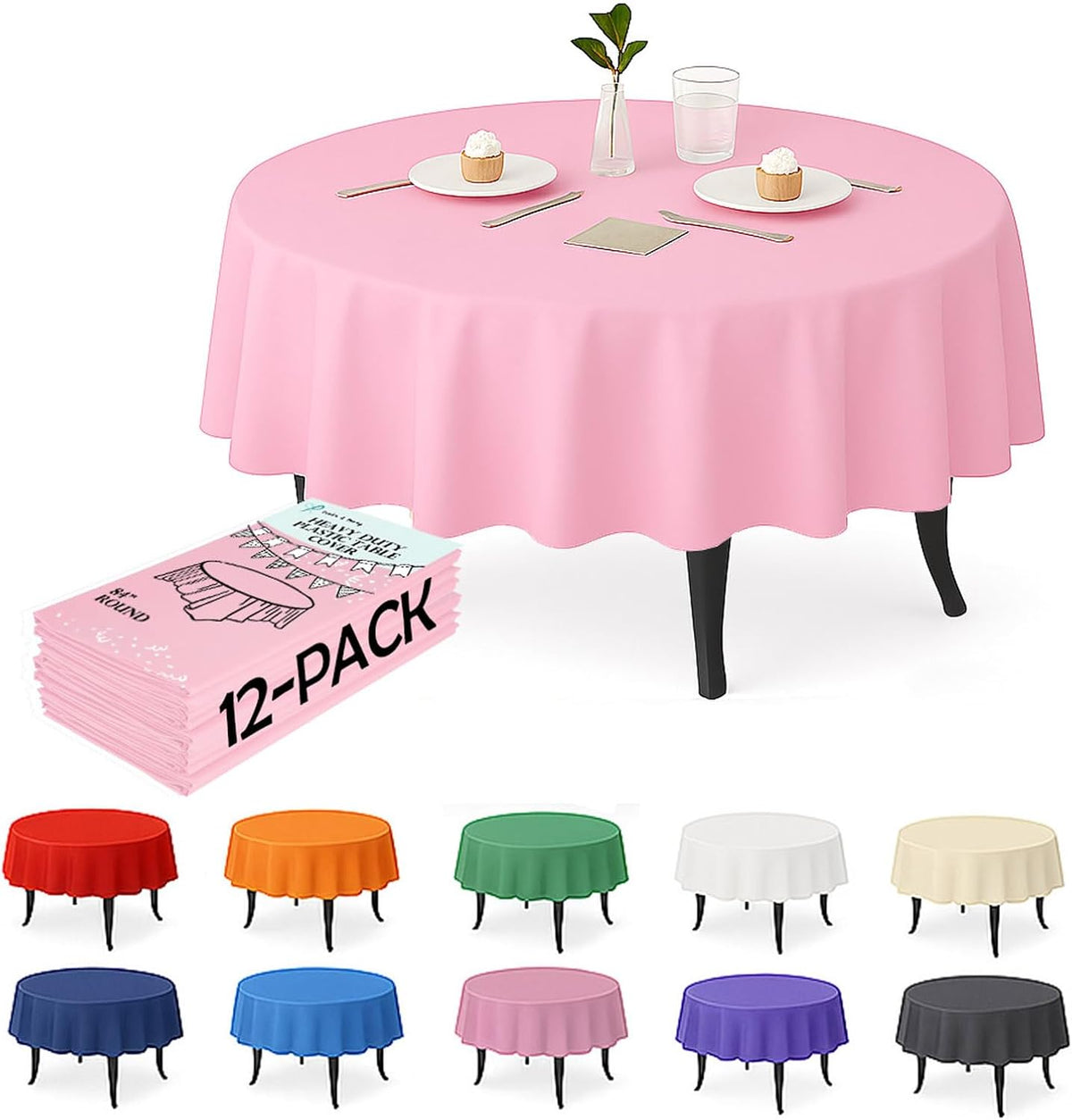 12-Pack Light Pink Plastic Tablecloths – 84 Inch Round Disposable Table Covers, Heavy Duty & Waterproof for Parties, Events, Banquets, Light Pink