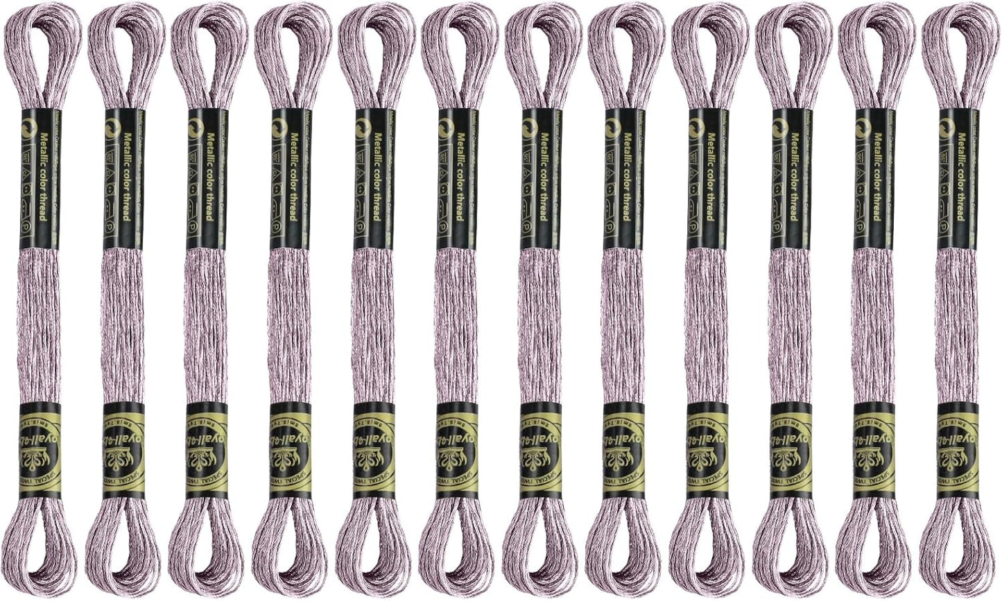 12 Skeins Embroidery Floss, Pink Metallic Embroidery Thread Polyester Cross-Stitch Threads for Hand Embroidery String Art DIY Creation