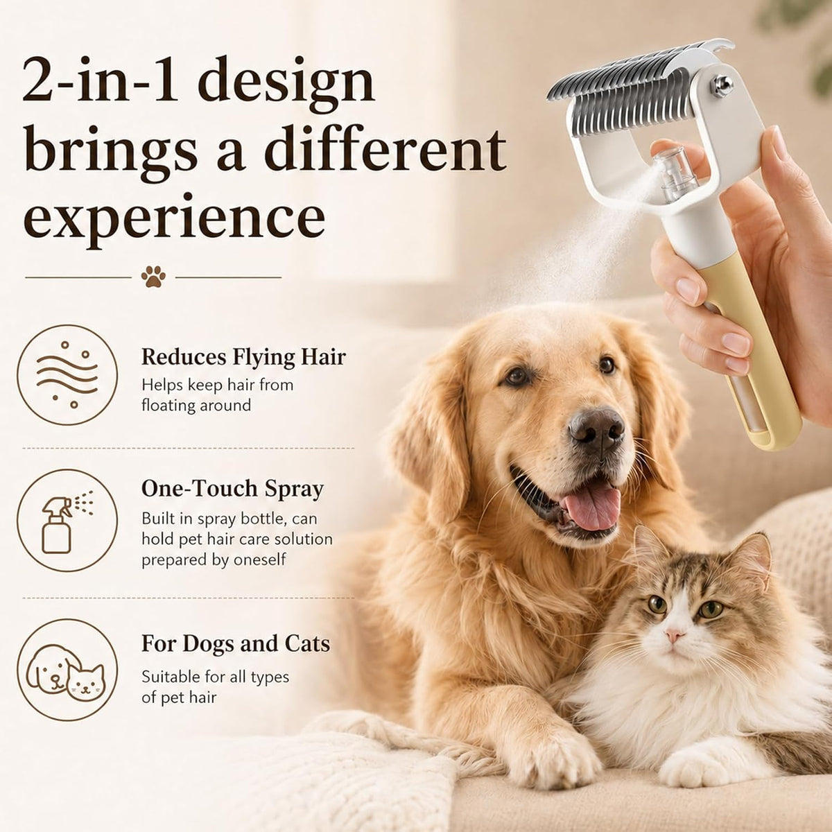 Dual-Sided Pet Grooming Comb,Double Sided Dematting Comb for Dogs & Cats, 2‑in‑1 Professional Pet Grooming Brush Deshedding Dog Brush with Spray Design (1PCS, Pink)