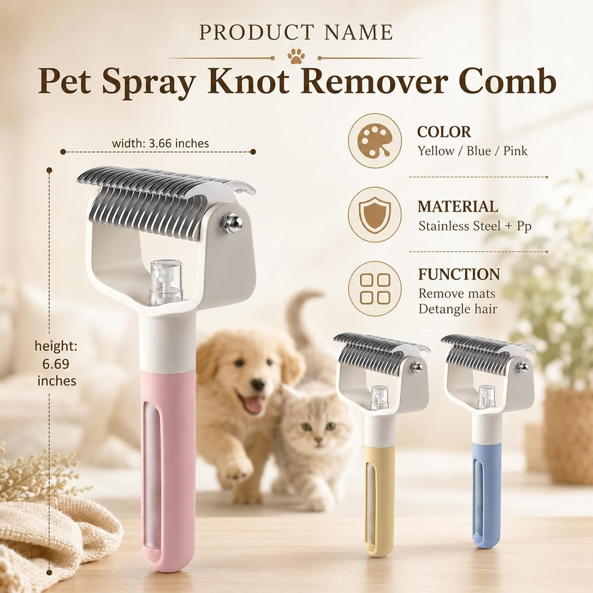 Dual-Sided Pet Grooming Comb,Double Sided Dematting Comb for Dogs & Cats, 2‑in‑1 Professional Pet Grooming Brush Deshedding Dog Brush with Spray Design (1PCS, Pink)