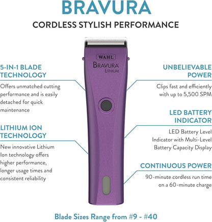 Wahl Professional Animal Bravura Pet, Dog, Cat, and Horse Corded/Cordless Clipper Kit, Purple (#41870-0423)