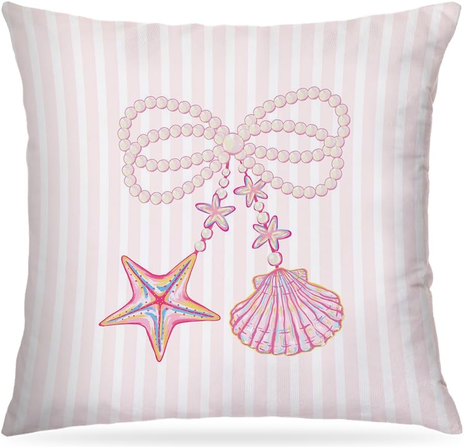 Coquette Pink Starfish Shell Pearl Bow Coastal Pillow Covers 18x18, Preppy Beach Room Decor, Girly Pink Striped Beach Decorative Throw Pillow Covers for Girls Bedroom Dorm Apartment