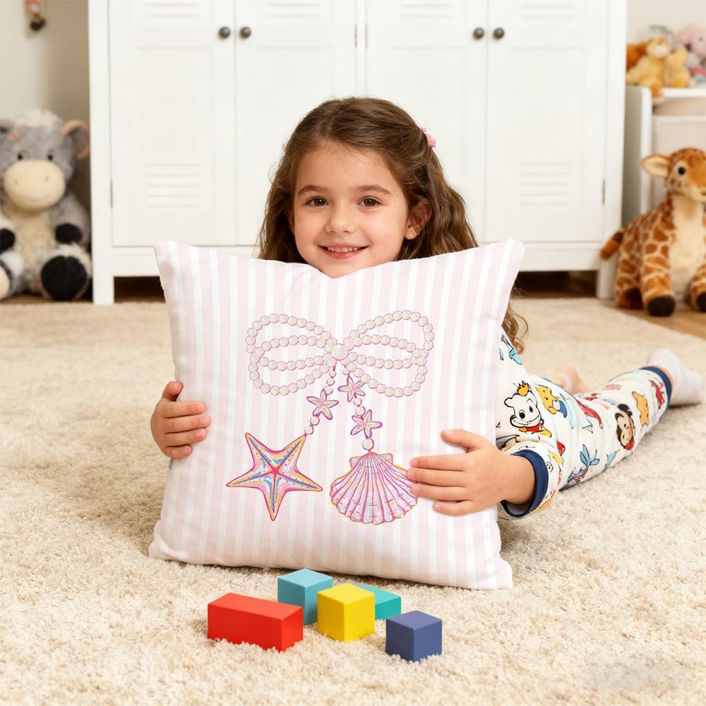 Coquette Pink Starfish Shell Pearl Bow Coastal Pillow Covers 18x18, Preppy Beach Room Decor, Girly Pink Striped Beach Decorative Throw Pillow Covers for Girls Bedroom Dorm Apartment