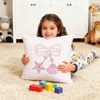 Coquette Pink Starfish Shell Pearl Bow Coastal Pillow Covers 18x18, Preppy Beach Room Decor, Girly Pink Striped Beach Decorative Throw Pillow Covers for Girls Bedroom Dorm Apartment