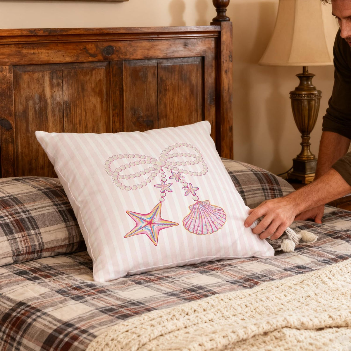 Coquette Pink Starfish Shell Pearl Bow Coastal Pillow Covers 18x18, Preppy Beach Room Decor, Girly Pink Striped Beach Decorative Throw Pillow Covers for Girls Bedroom Dorm Apartment