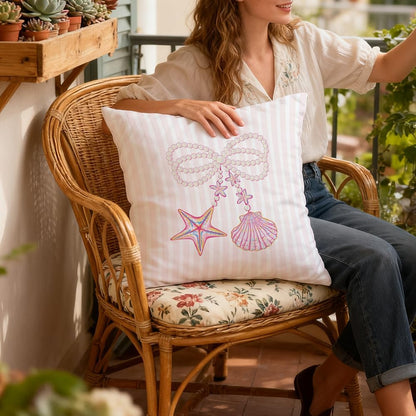 Coquette Pink Starfish Shell Pearl Bow Coastal Pillow Covers 18x18, Preppy Beach Room Decor, Girly Pink Striped Beach Decorative Throw Pillow Covers for Girls Bedroom Dorm Apartment