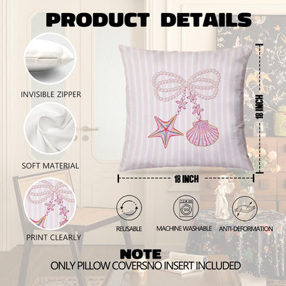 Coquette Pink Starfish Shell Pearl Bow Coastal Pillow Covers 18x18, Preppy Beach Room Decor, Girly Pink Striped Beach Decorative Throw Pillow Covers for Girls Bedroom Dorm Apartment
