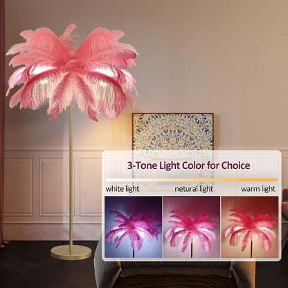Ostrich Feather Lamp, Feather Floor Lamp,Standing Lamp Stepless Golden Pole Floor LED Lights, 3 Dimmable Lights Temperatures, Elegant Design for Corner, Bedroom, Living Room (62.99 Inch)