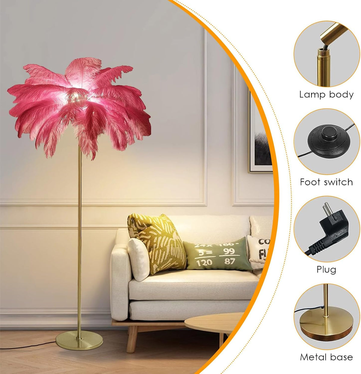 Ostrich Feather Lamp, Feather Floor Lamp,Standing Lamp Stepless Golden Pole Floor LED Lights, 3 Dimmable Lights Temperatures, Elegant Design for Corner, Bedroom, Living Room (62.99 Inch)