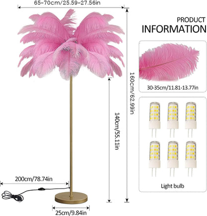 Ostrich Feather Lamp, Feather Floor Lamp,Standing Lamp Stepless Golden Pole Floor LED Lights, 3 Dimmable Lights Temperatures, Elegant Design for Corner, Bedroom, Living Room (62.99 Inch)