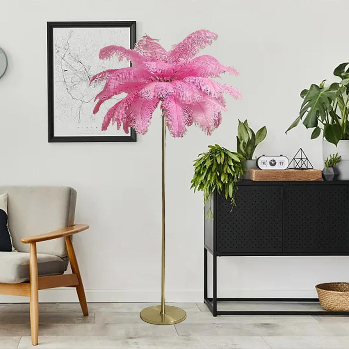 Ostrich Feather Lamp, Feather Floor Lamp,Standing Lamp Stepless Golden Pole Floor LED Lights, 3 Dimmable Lights Temperatures, Elegant Design for Corner, Bedroom, Living Room (62.99 Inch)