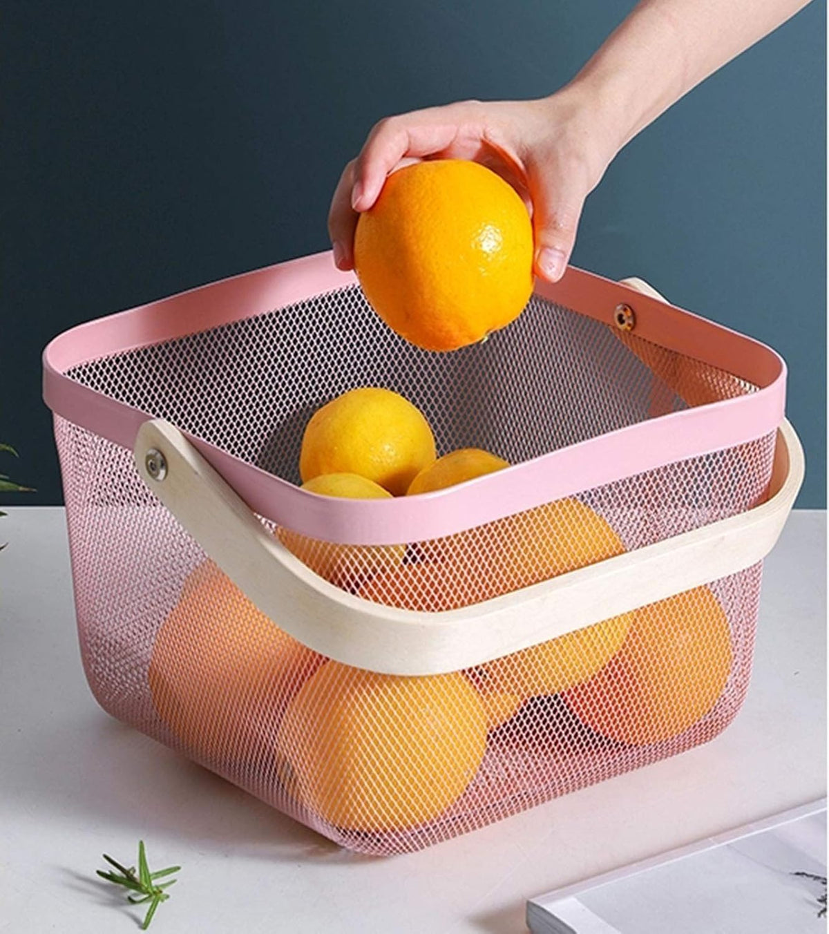 Metal Mesh Steel Basket, Storage Organizer Basket Multi-functional Hanging Kitchen Baskets Fruit Basket Bin with Bamboo Handle for Kitchen Bathroom Picnic Shopping Decor Cabinet Home, Pink