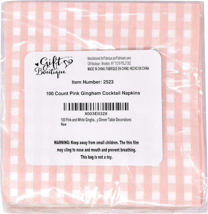 Gift Boutique 100 Pcs Pink & White Gingham Cocktail Napkins Disposable Paper Checkered Plaid Beverage Dessert Napkin Summer Picnic Baby Shower Party