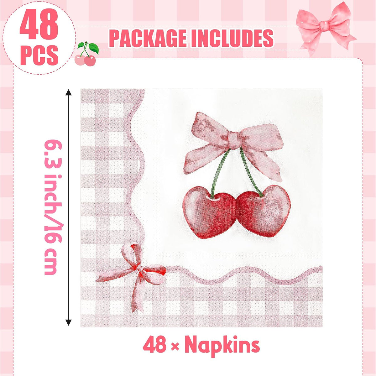 Coquette Pink Bow Paper Napkins - 48Pcs Bow Cherry Party Decoration Cute Paper Napkin Set Disposable Party Supplies Decor for Girls Bachelorette Bridal Engagement Birthday (6.3 Inches)