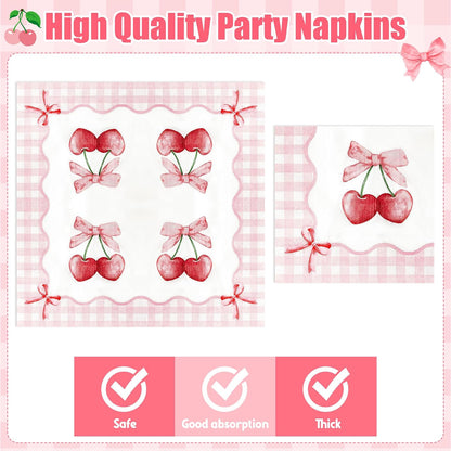 Coquette Pink Bow Paper Napkins - 48Pcs Bow Cherry Party Decoration Cute Paper Napkin Set Disposable Party Supplies Decor for Girls Bachelorette Bridal Engagement Birthday (6.3 Inches)