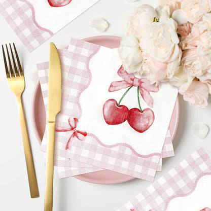 Coquette Pink Bow Paper Napkins - 48Pcs Bow Cherry Party Decoration Cute Paper Napkin Set Disposable Party Supplies Decor for Girls Bachelorette Bridal Engagement Birthday (6.3 Inches)