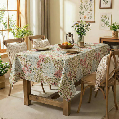 Cream Floral Linen Blend Tablecloth, 330 GSM Heavyweight Wrinkle Free Fabric for 4 Foot Rectangle Table,Dusky Pink Wildflower Design, 4-6 Seat Kitchen & Dining Table Cloth, 55" x 70"