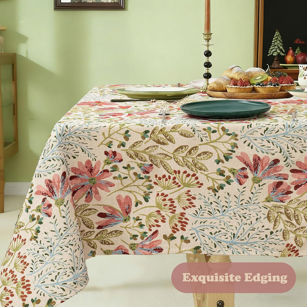 Cream Floral Linen Blend Tablecloth, 330 GSM Heavyweight Wrinkle Free Fabric for 4 Foot Rectangle Table,Dusky Pink Wildflower Design, 4-6 Seat Kitchen & Dining Table Cloth, 55" x 70"