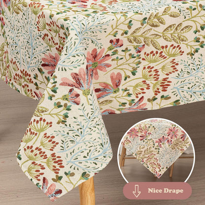 Cream Floral Linen Blend Tablecloth, 330 GSM Heavyweight Wrinkle Free Fabric for 4 Foot Rectangle Table,Dusky Pink Wildflower Design, 4-6 Seat Kitchen & Dining Table Cloth, 55" x 70"