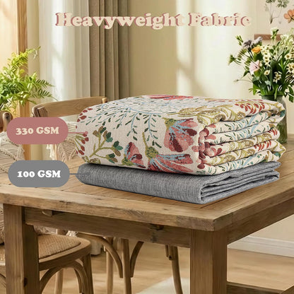 Cream Floral Linen Blend Tablecloth, 330 GSM Heavyweight Wrinkle Free Fabric for 4 Foot Rectangle Table,Dusky Pink Wildflower Design, 4-6 Seat Kitchen & Dining Table Cloth, 55" x 70"