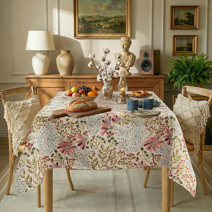 Cream Floral Linen Blend Tablecloth, 330 GSM Heavyweight Wrinkle Free Fabric for 4 Foot Rectangle Table,Dusky Pink Wildflower Design, 4-6 Seat Kitchen & Dining Table Cloth, 55" x 70"