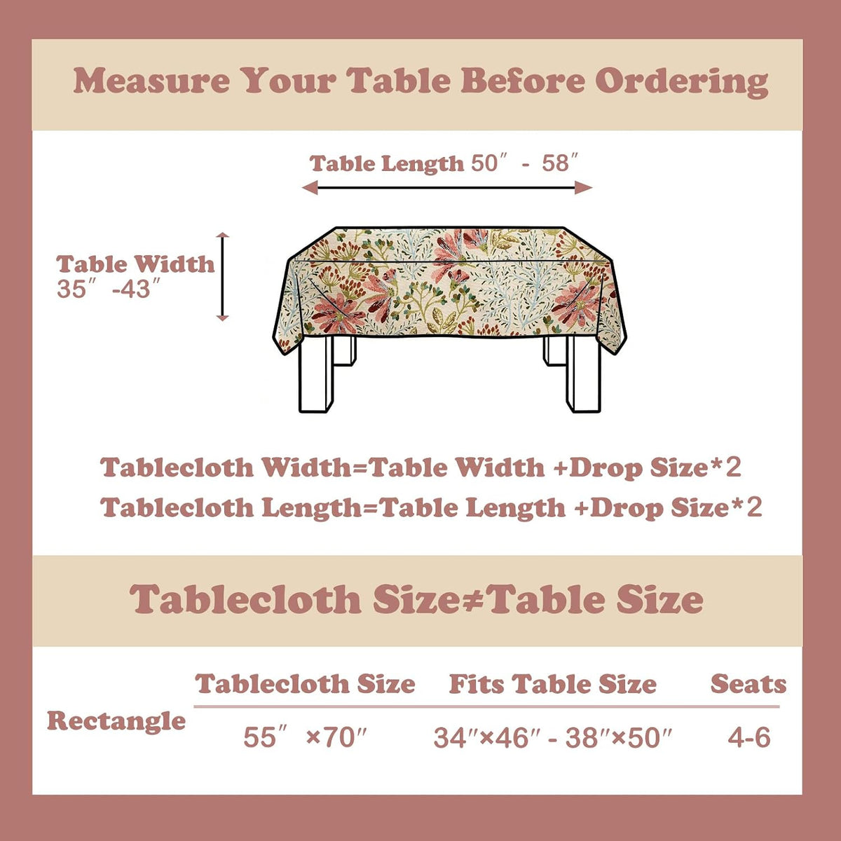 Cream Floral Linen Blend Tablecloth, 330 GSM Heavyweight Wrinkle Free Fabric for 4 Foot Rectangle Table,Dusky Pink Wildflower Design, 4-6 Seat Kitchen & Dining Table Cloth, 55" x 70"