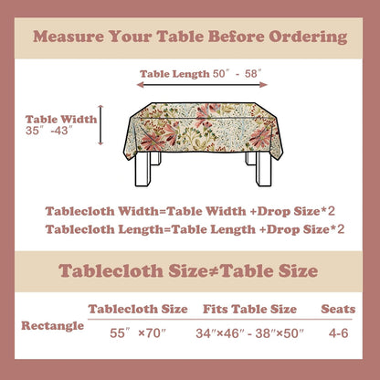 Cream Floral Linen Blend Tablecloth, 330 GSM Heavyweight Wrinkle Free Fabric for 4 Foot Rectangle Table,Dusky Pink Wildflower Design, 4-6 Seat Kitchen & Dining Table Cloth, 55" x 70"