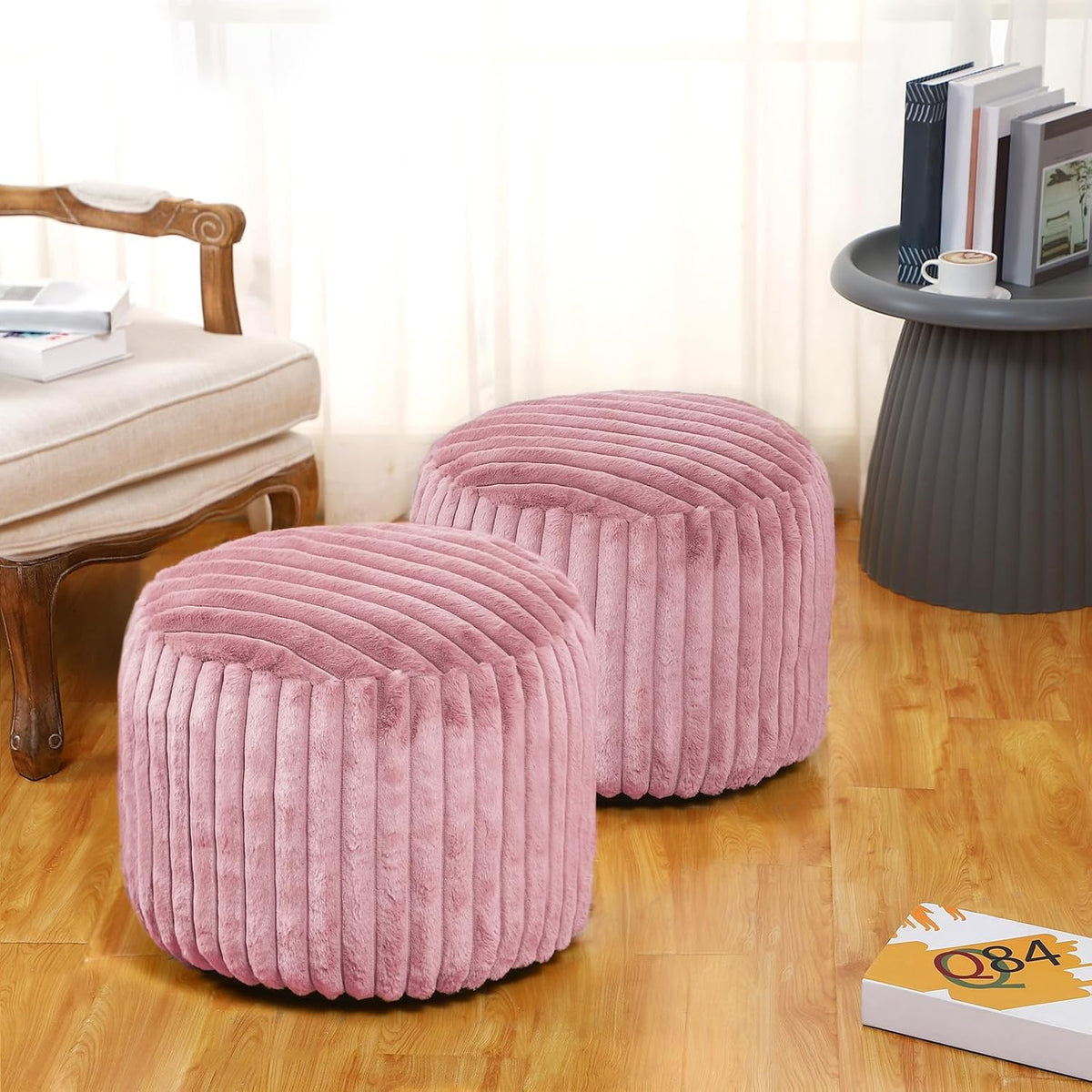 2 Pcs Unstuffed Pouf Ottoman Cover Pink, 20 x 15 in No Filler