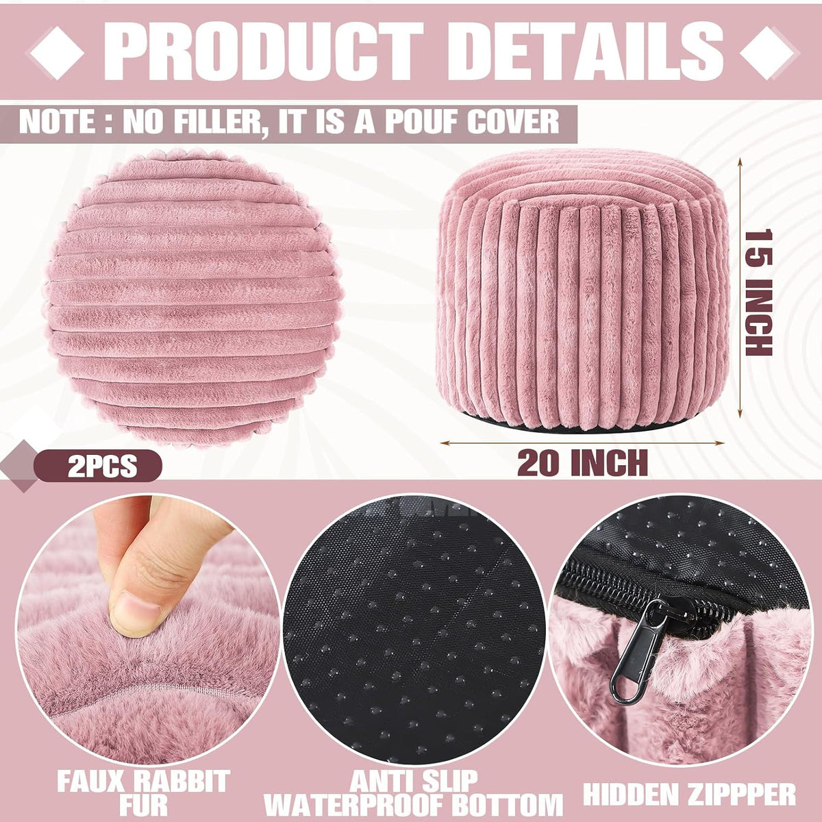 2 Pcs Unstuffed Pouf Ottoman Cover Pink, 20 x 15 in No Filler