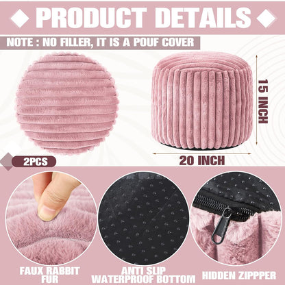 2 Pcs Unstuffed Pouf Ottoman Cover Pink, 20 x 15 in No Filler