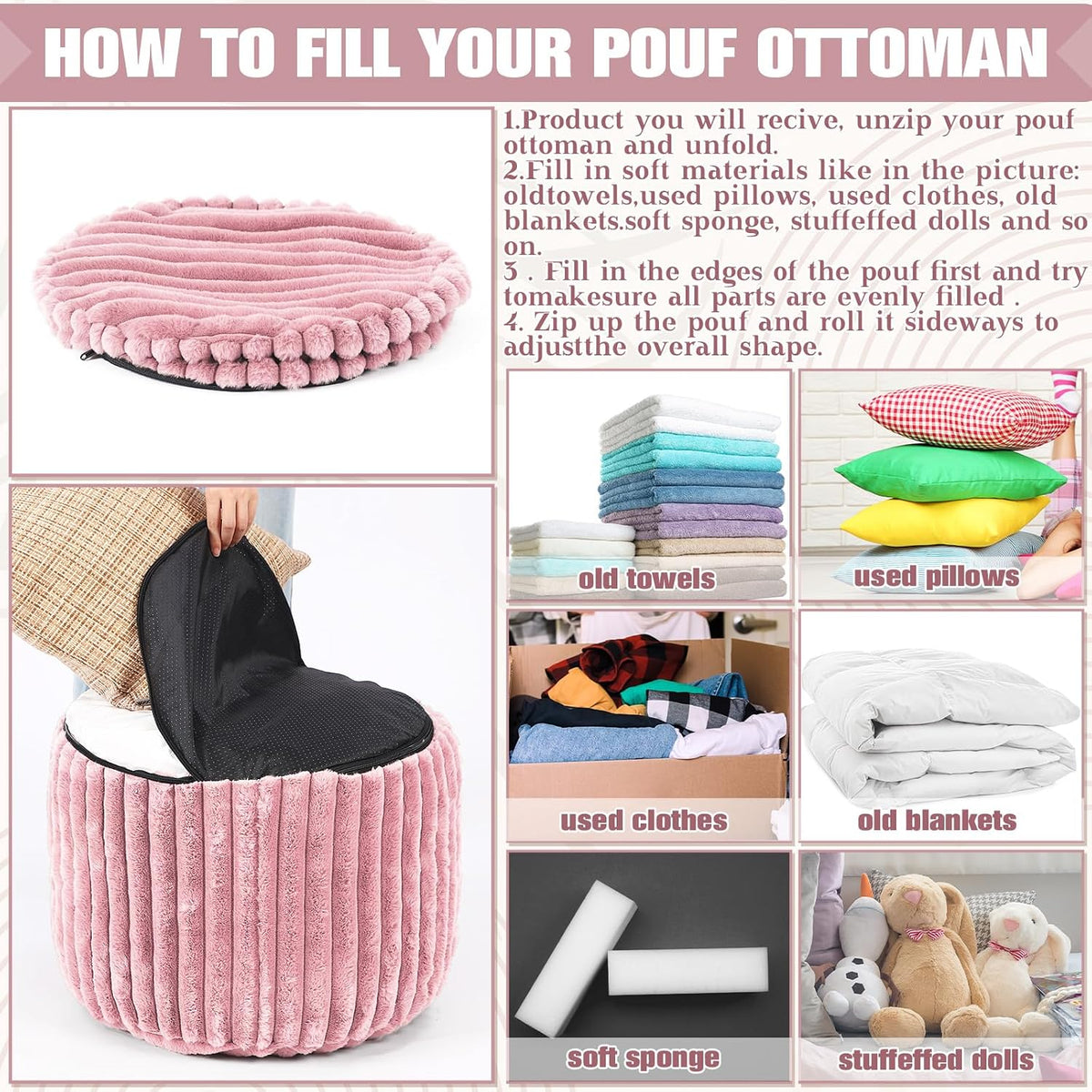 2 Pcs Unstuffed Pouf Ottoman Cover Pink, 20 x 15 in No Filler