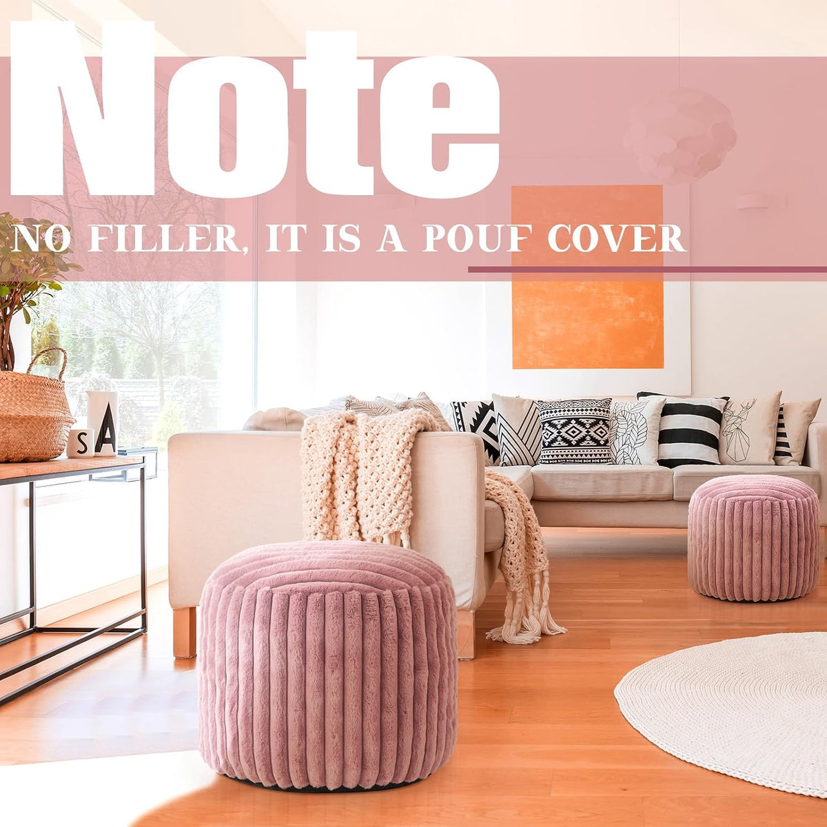 2 Pcs Unstuffed Pouf Ottoman Cover Pink, 20 x 15 in No Filler