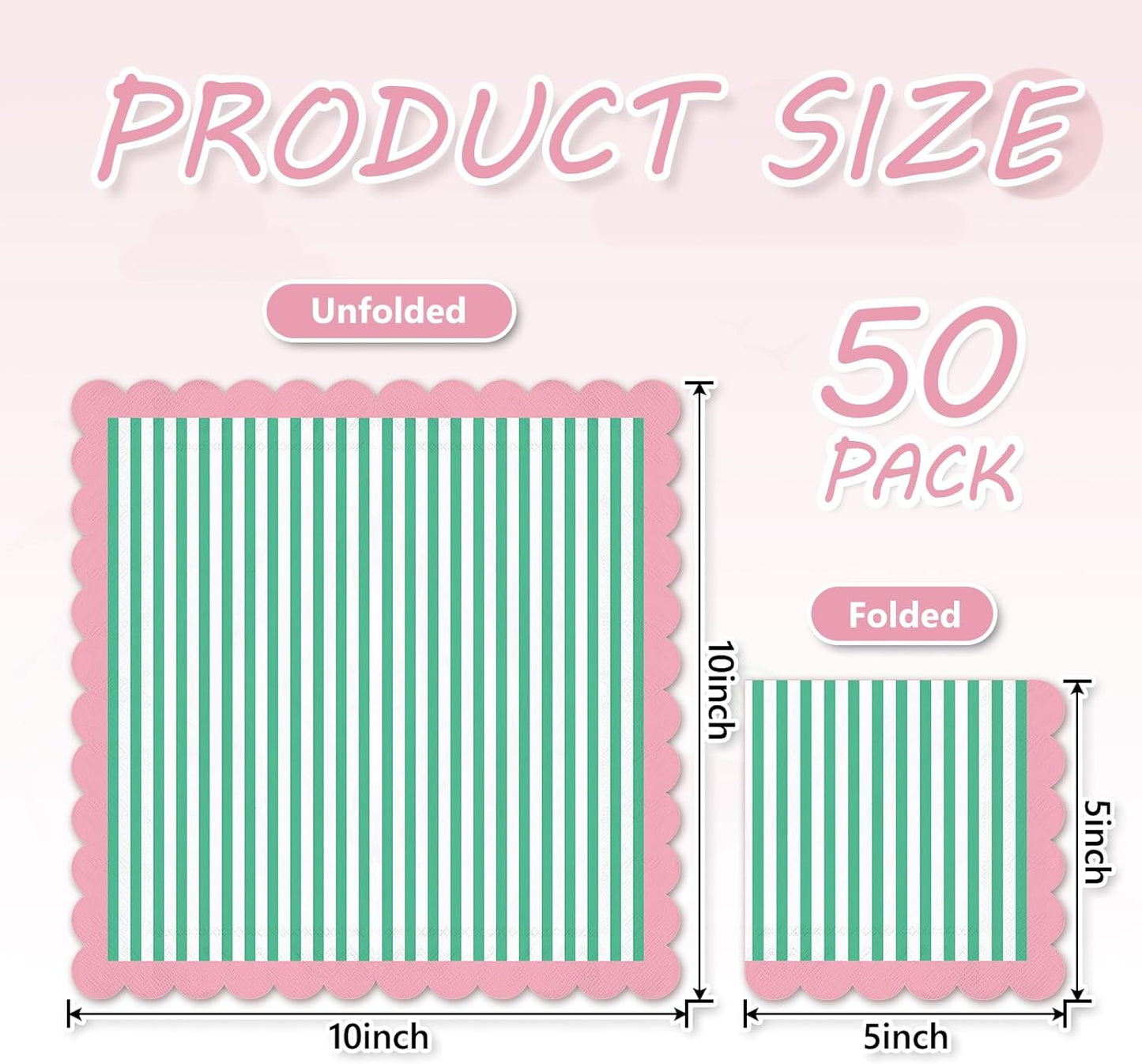 50Pcs Summer Cocktail Napkins Green White Stripe Disposable Paper Napkins Pink Scalloped Edge Beverage Napkin for Summer Birthday Pool Beach Party Supplies