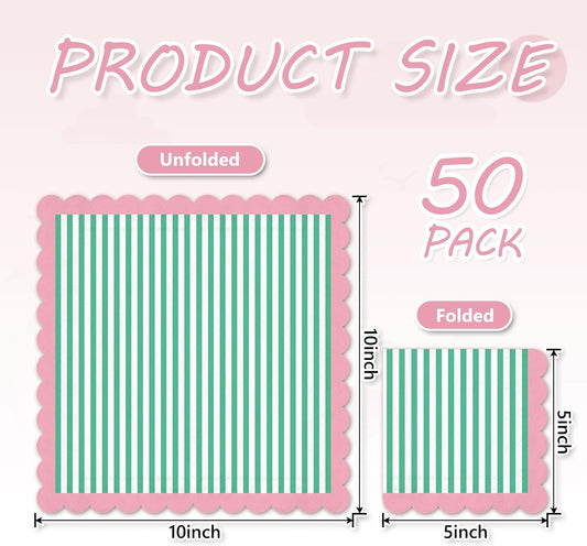 50Pcs Summer Cocktail Napkins Green White Stripe Disposable Paper Napkins Pink Scalloped Edge Beverage Napkin for Summer Birthday Pool Beach Party Supplies