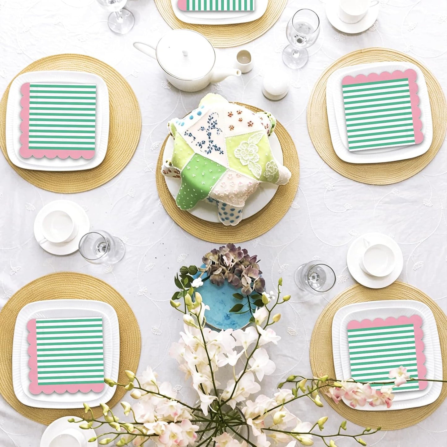 50Pcs Summer Cocktail Napkins Green White Stripe Disposable Paper Napkins Pink Scalloped Edge Beverage Napkin for Summer Birthday Pool Beach Party Supplies