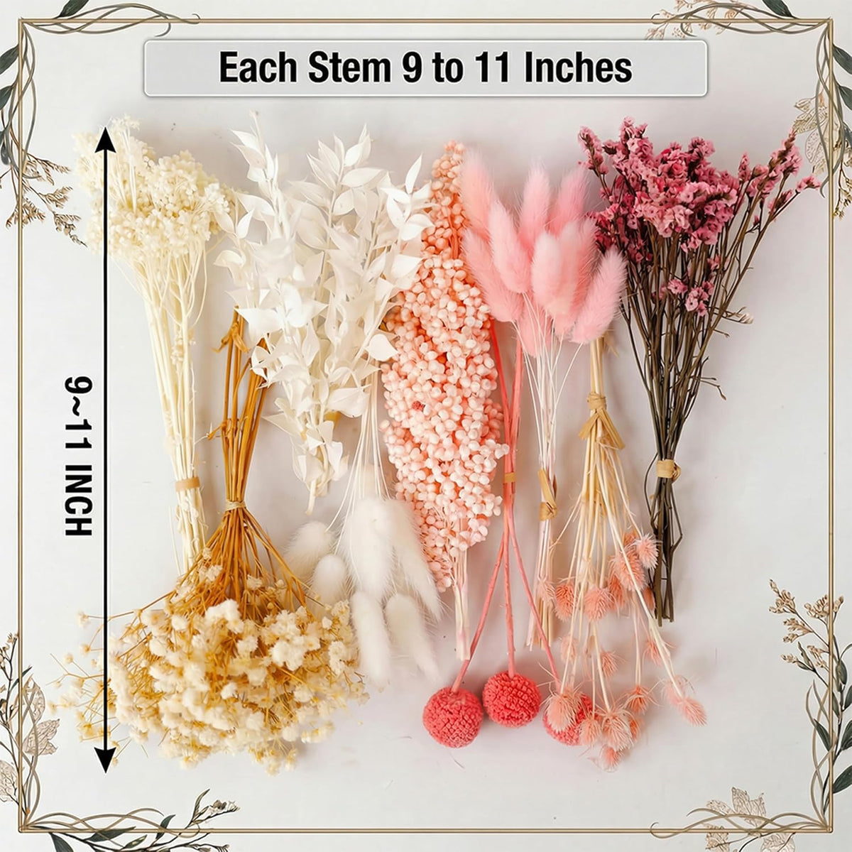 9 Kinds Pink White Dried Flowers Bouquet, 141 Pcs