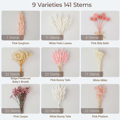 9 Kinds Pink White Dried Flowers Bouquet, 141 Pcs