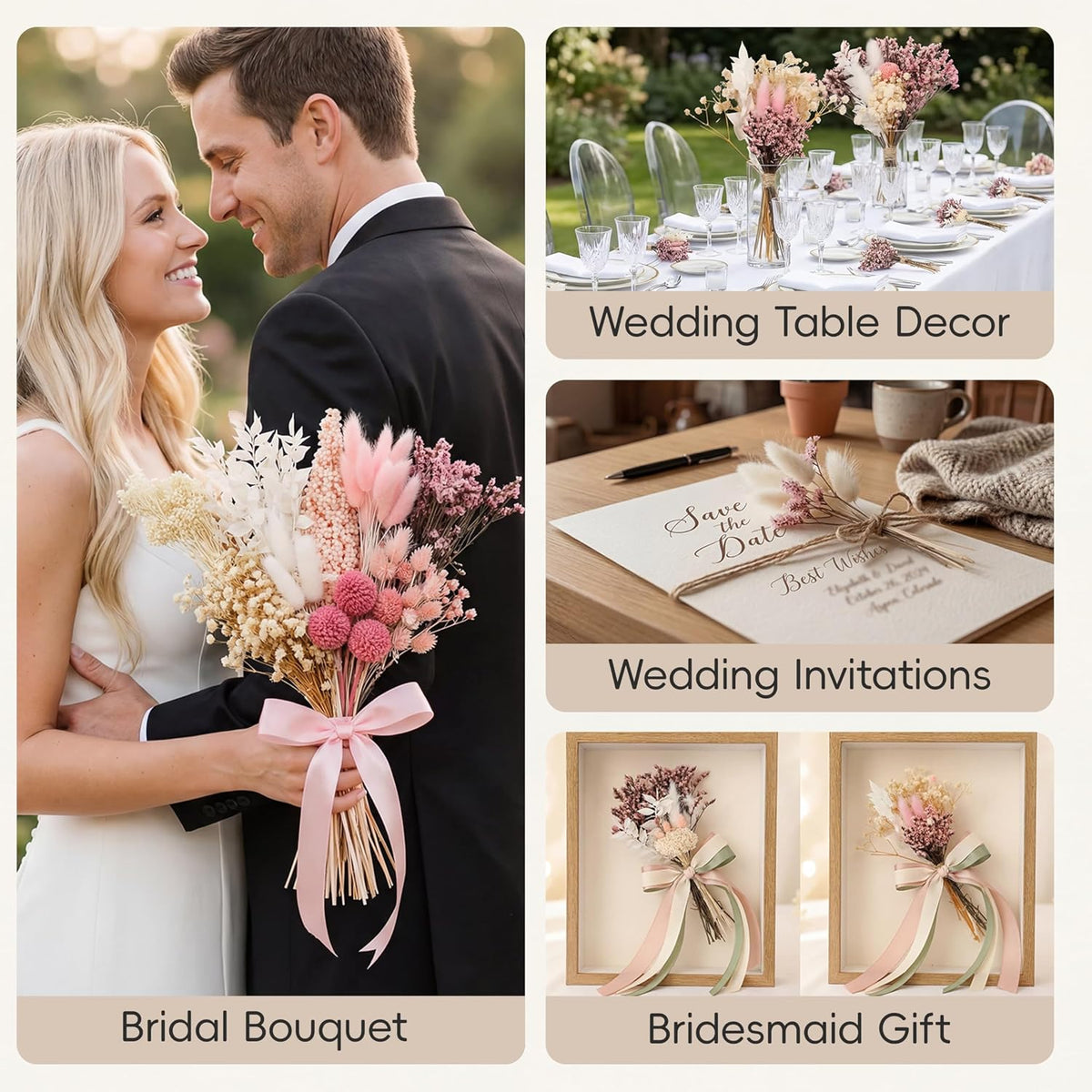 9 Kinds Pink White Dried Flowers Bouquet, 141 Pcs