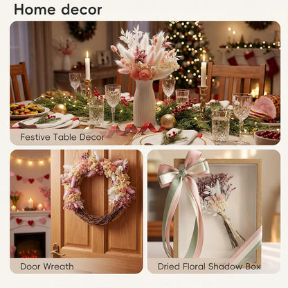 9 Kinds Pink White Dried Flowers Bouquet, 141 Pcs