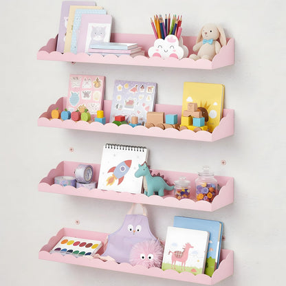 4 Pack Pink Scalloped Nursery Book Shelves for Wall 17 Inch Room Floating Pink Scalloped Nursery Bookshelves Wall Mounted Shelf for Room Bedroom Playroom Decor, Metal Material