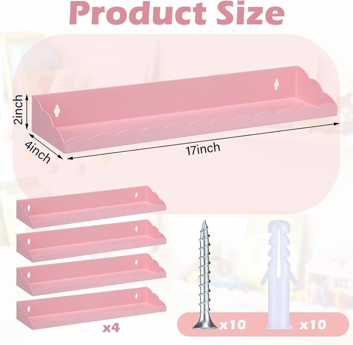 4 Pack Pink Scalloped Nursery Book Shelves for Wall 17 Inch Room Floating Pink Scalloped Nursery Bookshelves Wall Mounted Shelf for Room Bedroom Playroom Decor, Metal Material