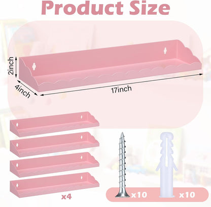 4 Pack Pink Scalloped Nursery Book Shelves for Wall 17 Inch Room Floating Pink Scalloped Nursery Bookshelves Wall Mounted Shelf for Room Bedroom Playroom Decor, Metal Material