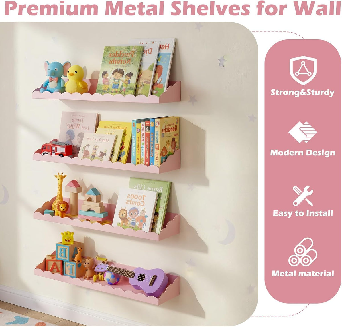 4 Pack Pink Scalloped Nursery Book Shelves for Wall 17 Inch Room Floating Pink Scalloped Nursery Bookshelves Wall Mounted Shelf for Room Bedroom Playroom Decor, Metal Material