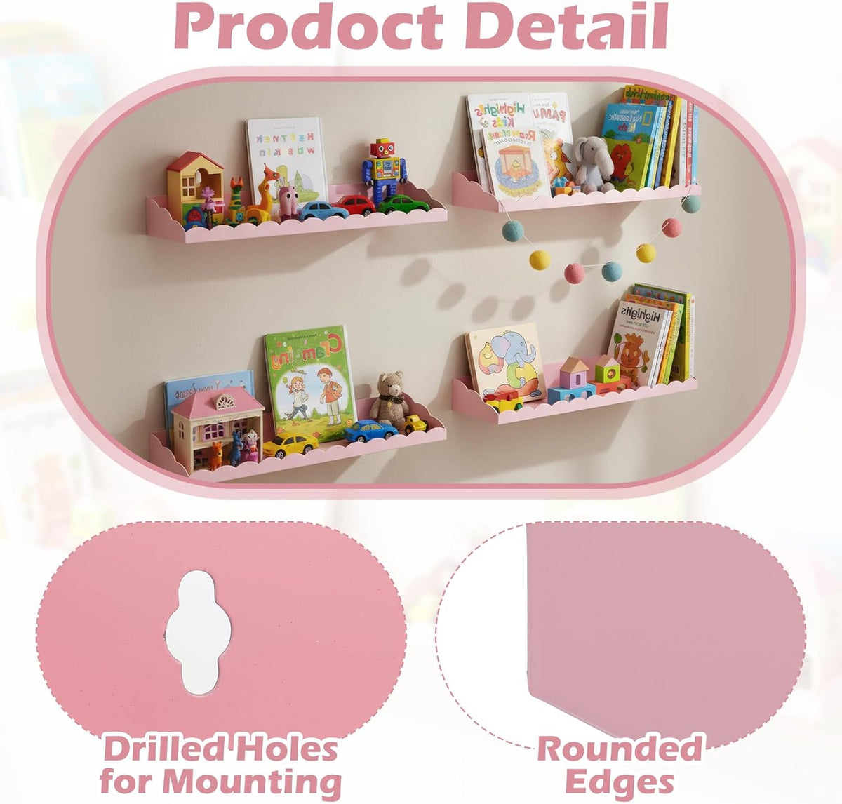 4 Pack Pink Scalloped Nursery Book Shelves for Wall 17 Inch Room Floating Pink Scalloped Nursery Bookshelves Wall Mounted Shelf for Room Bedroom Playroom Decor, Metal Material