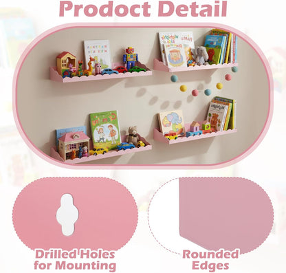 4 Pack Pink Scalloped Nursery Book Shelves for Wall 17 Inch Room Floating Pink Scalloped Nursery Bookshelves Wall Mounted Shelf for Room Bedroom Playroom Decor, Metal Material