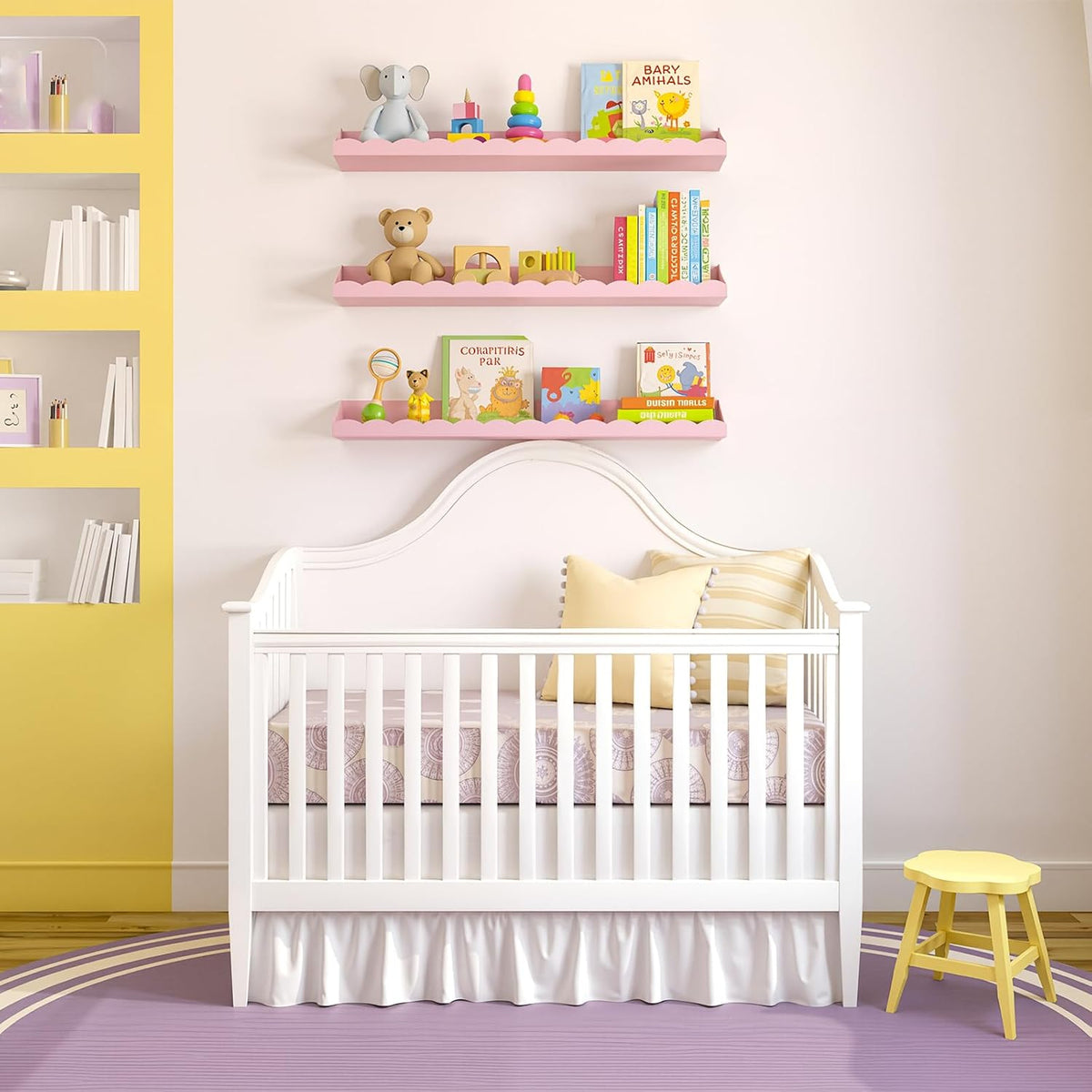 4 Pack Pink Scalloped Nursery Book Shelves for Wall 17 Inch Room Floating Pink Scalloped Nursery Bookshelves Wall Mounted Shelf for Room Bedroom Playroom Decor, Metal Material