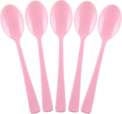 Pink Plastic Spoons 180 Pack, Heavy Duty Disposable Utensils, 6.8 Inch Bulk Party Pink Spoons Cutlery Set for Brithday Wedding Baby Shower Bridal Showe Garden Party Silverware Tableware