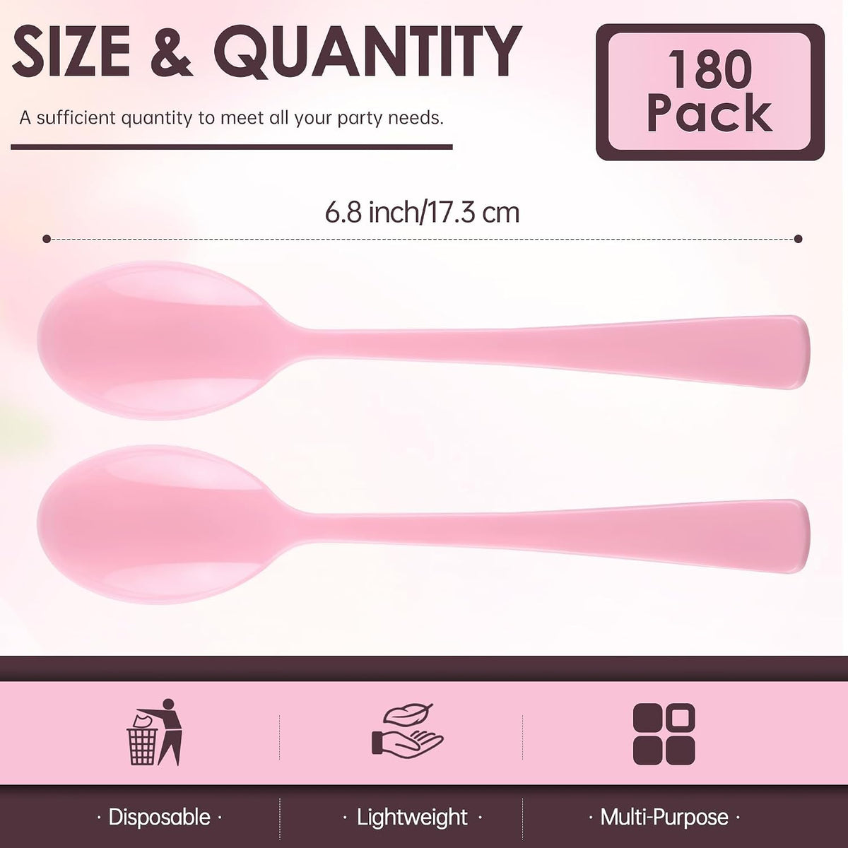 Pink Plastic Spoons 180 Pack, Heavy Duty Disposable Utensils, 6.8 Inch Bulk Party Pink Spoons Cutlery Set for Brithday Wedding Baby Shower Bridal Showe Garden Party Silverware Tableware